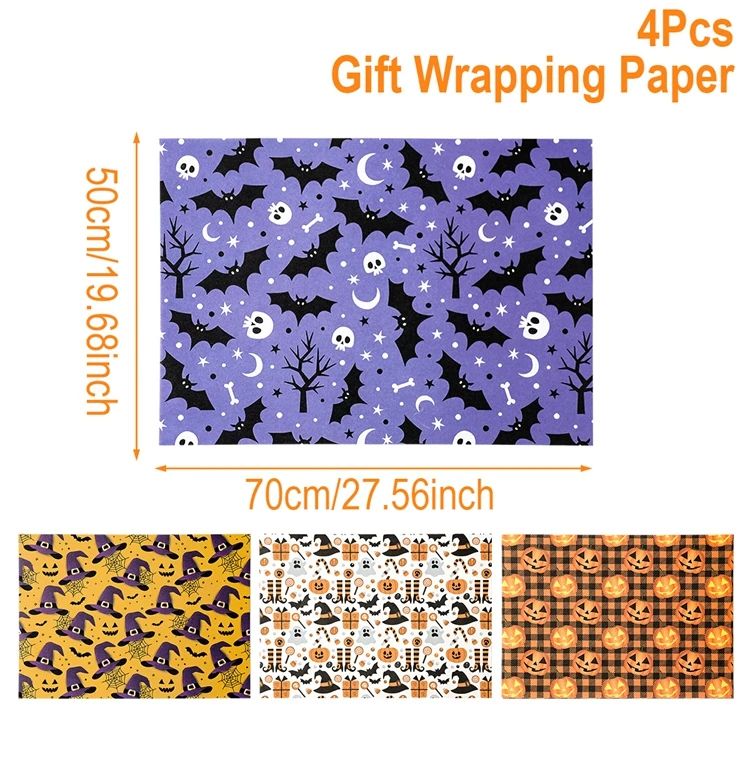 Halloween Geschenkpapier Geister, Kürbisse & Fledermäuse Motiv | 4 Bogen Set | Leichtes Papier zum Verpacken & Basteln 7