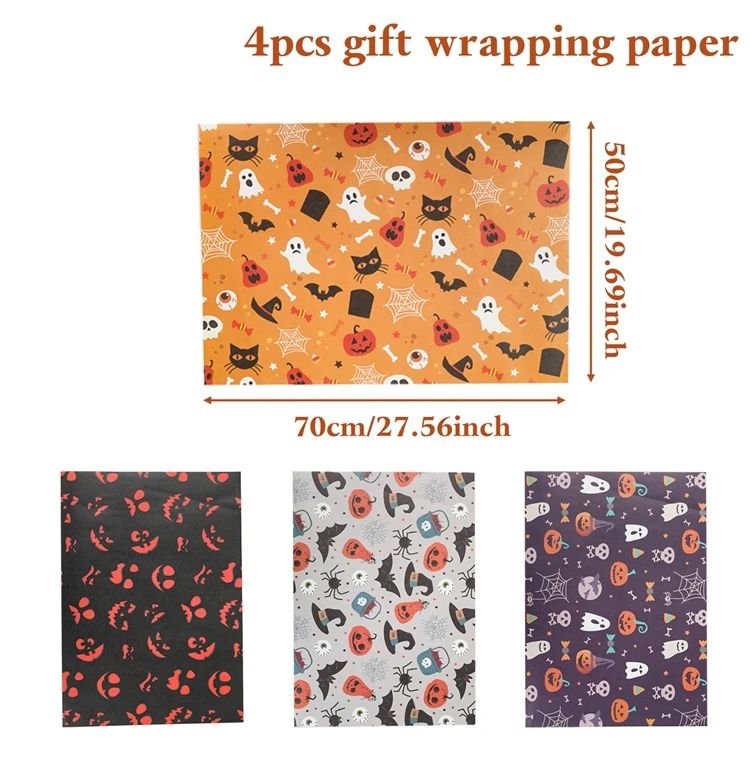 Halloween Geschenkpapier Geister, Kürbisse & Fledermäuse Motiv | 4 Bogen Set | Leichtes Papier zum Verpacken & Basteln 9