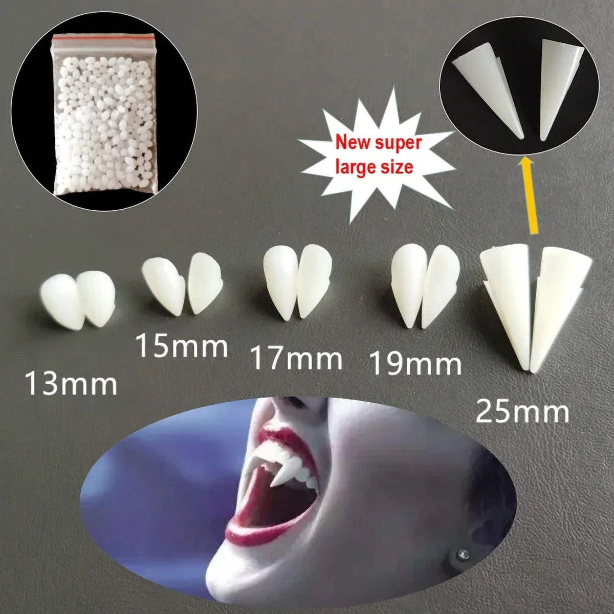 Vampirzähne Kit mit Thermo-Klebstoff | Individuell anpassbar für Halloween & Cosplay | Zahnfarbenes Kunstharz, transparent 5