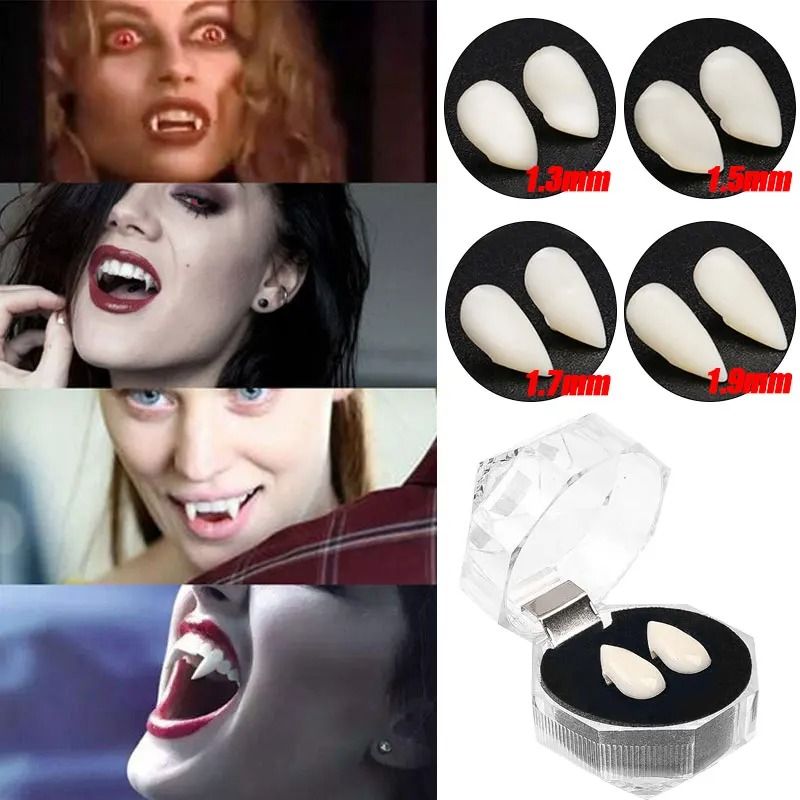 Vampirzähne Kostüm-Set Halloween | 5 Paar Kunstharz, wiederverwendbar | inkl. Kleber, individuell platzierbar für Kostüme 1