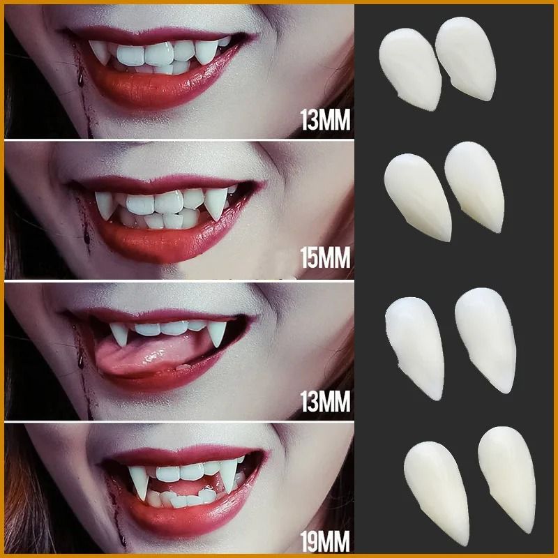 Vampirzähne Kostüm-Set Halloween | 5 Paar Kunstharz, wiederverwendbar | inkl. Kleber, individuell platzierbar für Kostüme 7