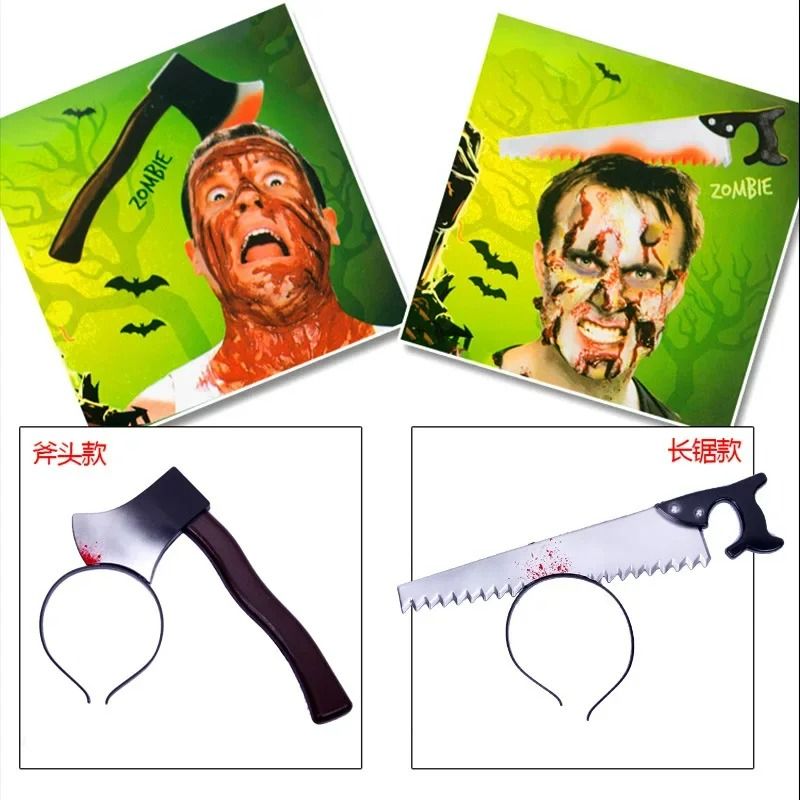 Halloween Waffen-Kopfband mit Blut-Optik | Axt, Beil, Messer & Säge Motiv | Realistische Durchbohrungs-Illusion aus Kunststoff 6
