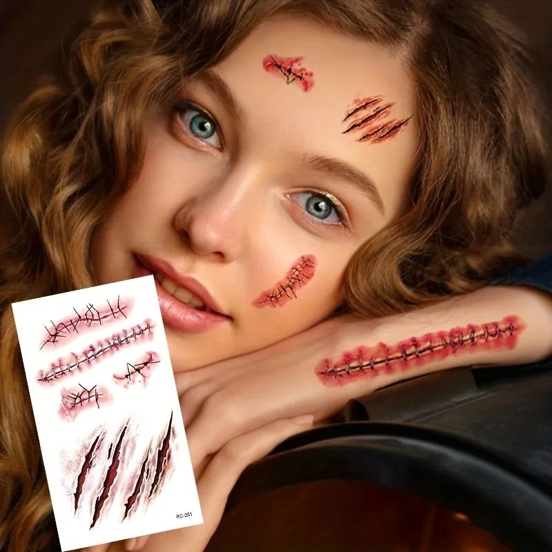 Halloween Narben-Tattoo Aufkleber mit Wund- und Bluteffekt | 5 oder 10 Stück, wasserfest | Für Kostüm, Cosplay und Bühnen-Make-up 2