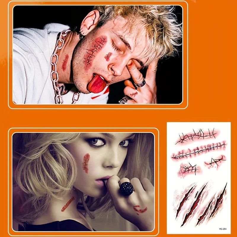 Halloween Narben-Tattoo Aufkleber mit Wund- und Bluteffekt | 5 oder 10 Stück, wasserfest | Für Kostüm, Cosplay und Bühnen-Make-up 3