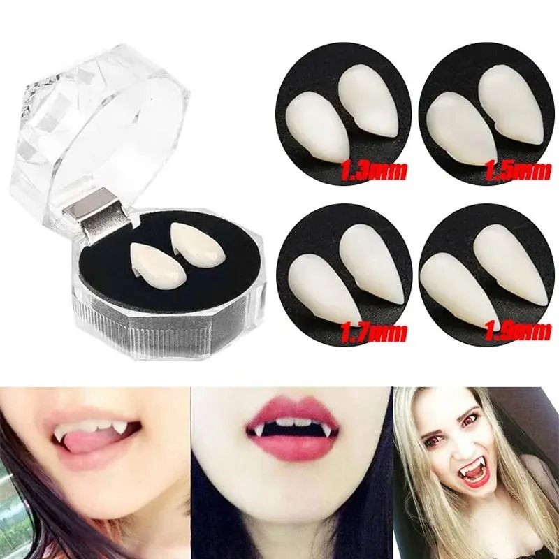 Vampirzähne Set Halloween | 5 Paar Fangs mit Thermo-Kleber, 4 Größen | Dentalharz, wiederverwendbar ohne Kleberreste 1