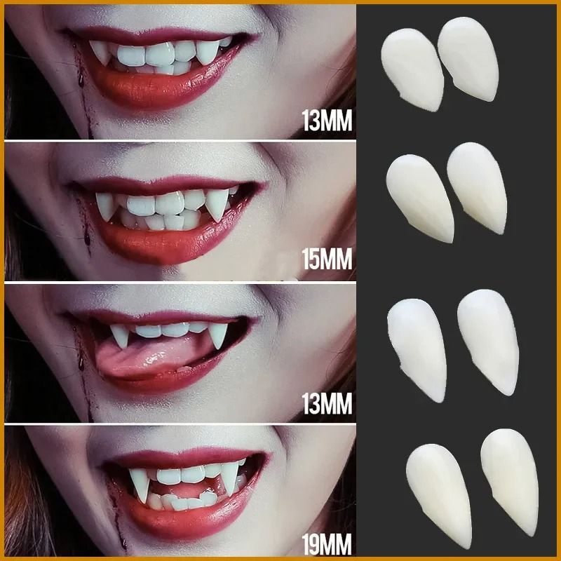 Vampirzähne Set Halloween | 5 Paar Fangs mit Thermo-Kleber, 4 Größen | Dentalharz, wiederverwendbar ohne Kleberreste 2