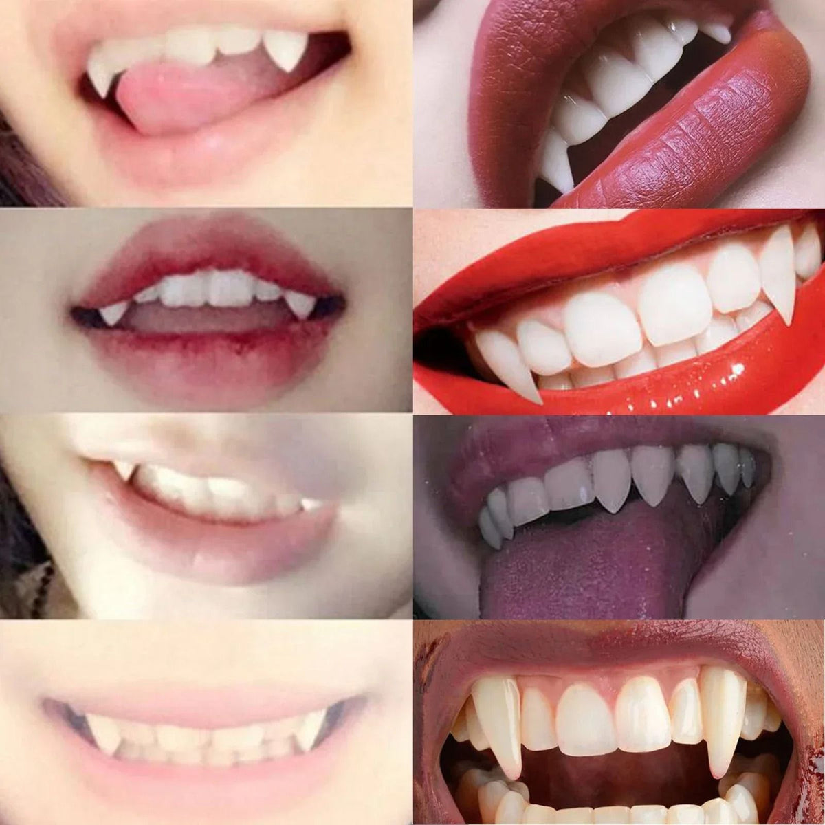 Vampirzähne Set Halloween | 5 Paar Fangs mit Thermo-Kleber, 4 Größen | Dentalharz, wiederverwendbar ohne Kleberreste