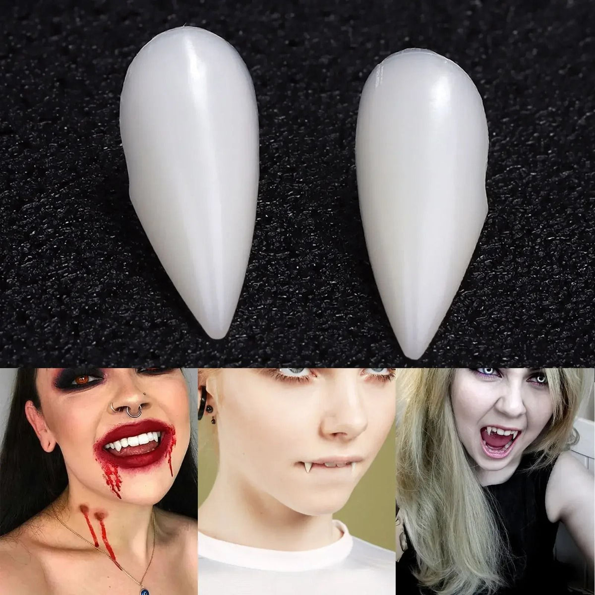 Vampirzähne Set Halloween | 5 Paar Fangs mit Thermo-Kleber, 4 Größen | Dentalharz, wiederverwendbar ohne Kleberreste