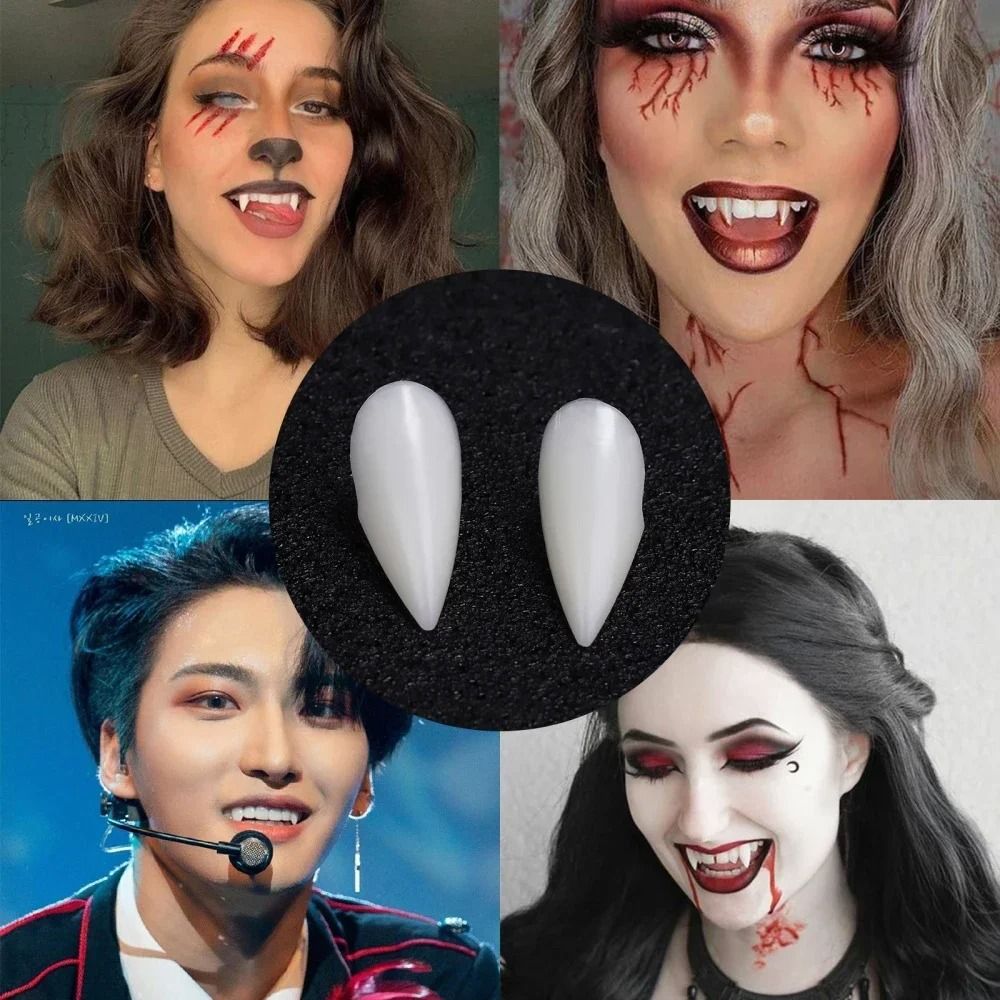 Vampirzähne Set Halloween | 5 Paar Fangs mit Thermo-Kleber, 4 Größen | Dentalharz, wiederverwendbar ohne Kleberreste