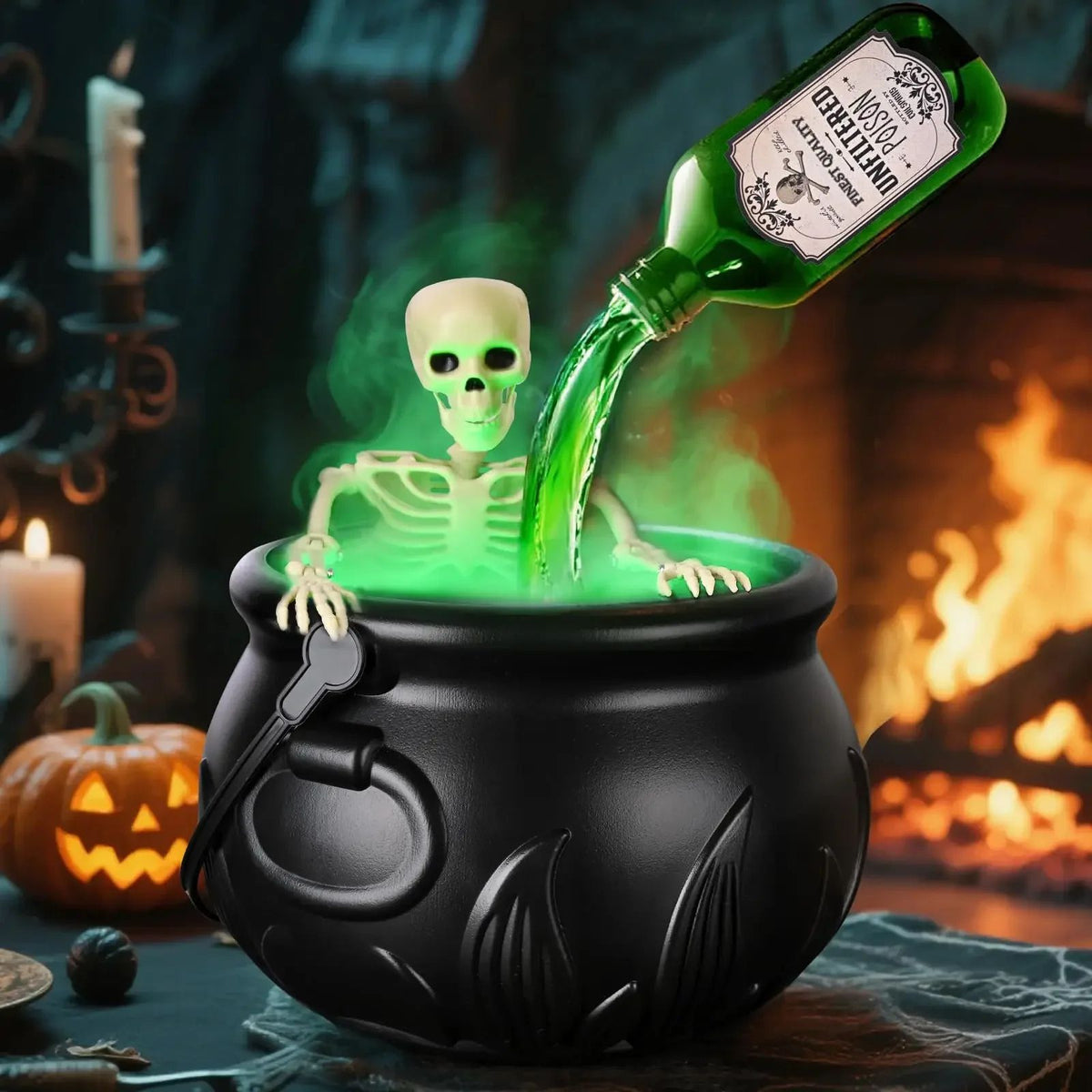 Hexenkessel Nebelmaschine Halloween | LED-Nebeleffekt mit Skelett-Deko | Wiederverwendbares Deko-Highlight für Partys 1