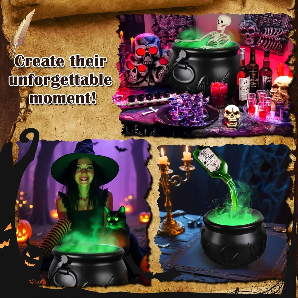 Hexenkessel Nebelmaschine Halloween | LED-Nebeleffekt mit Skelett-Deko | Wiederverwendbares Deko-Highlight für Partys 2