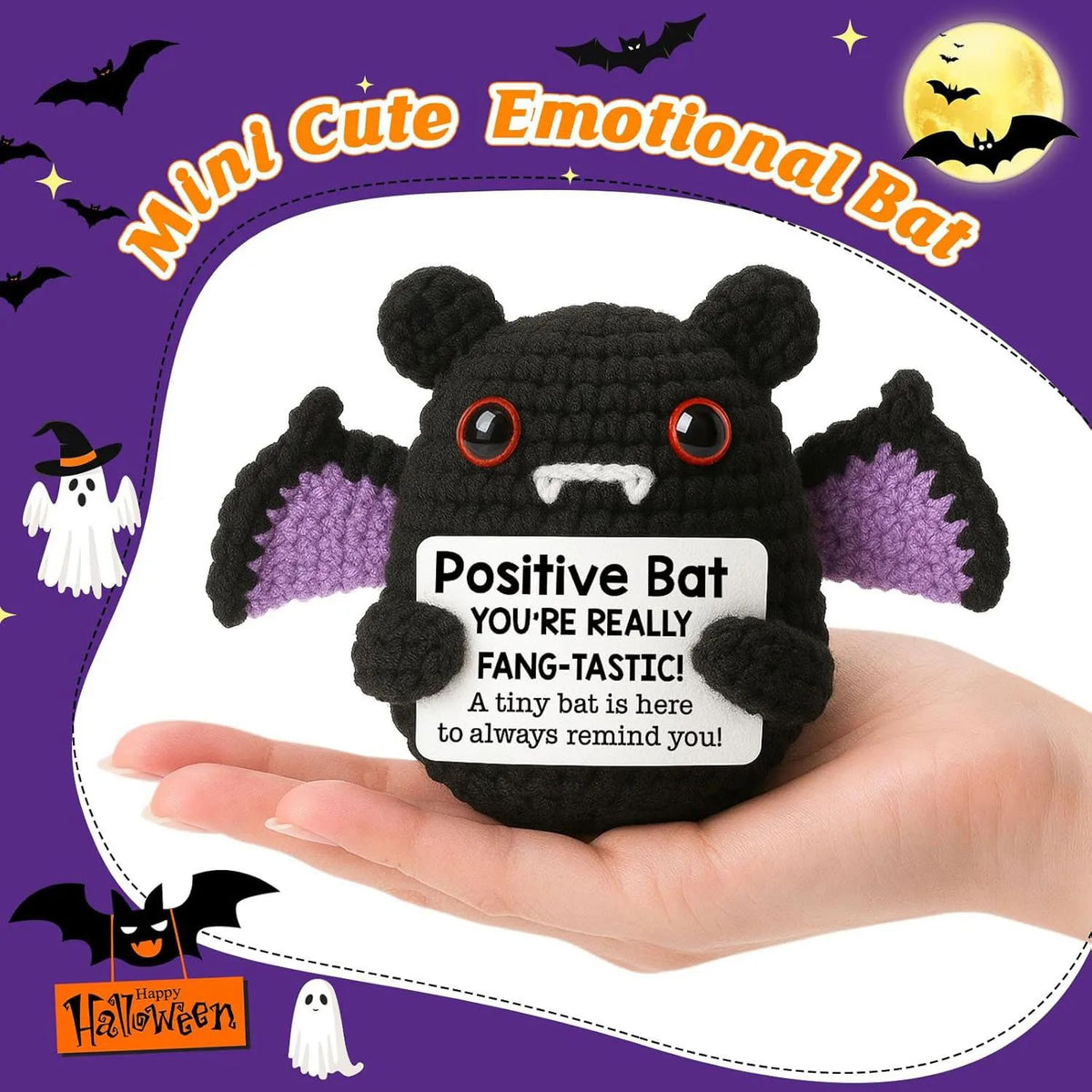 Gehäkelte Fledermaus Deko Halloween | Mit Mutmach-Karte für Aufmunterung | Handgefertigte Optik für Schreibtisch & Regal 2