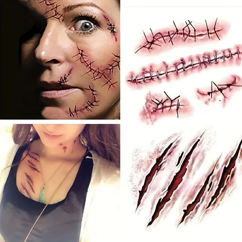Halloween Narben Tattoo Aufkleber | Wasserfest, 5 oder 10 Stück | Realistischer Kunstblut-Effekt für Cosplay & Partys 1