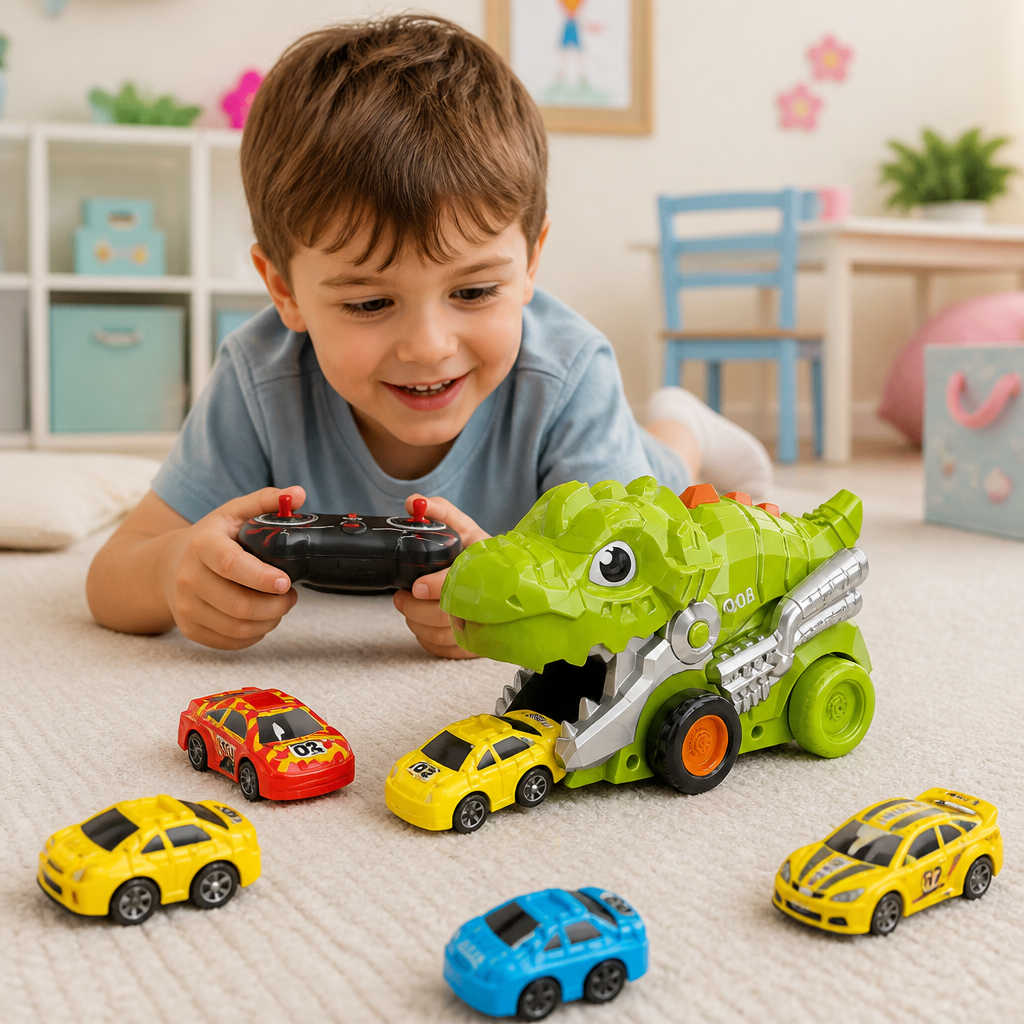 Camión dinosaurio teledirigido | con función de tragar | incluye coches de juguete y mando a distancia | RexRacer