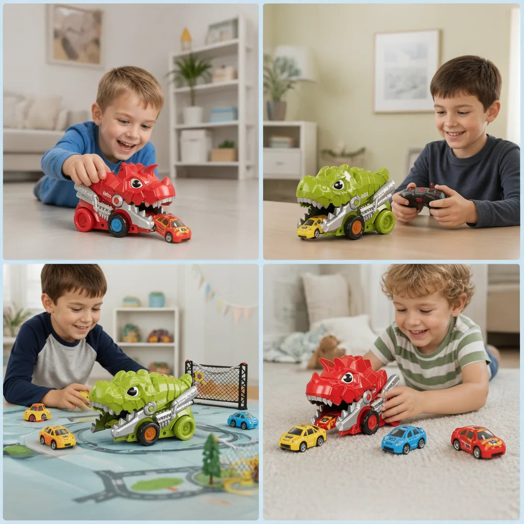 Camión dinosaurio teledirigido | con función de tragar | incluye coches de juguete y mando a distancia | RexRacer