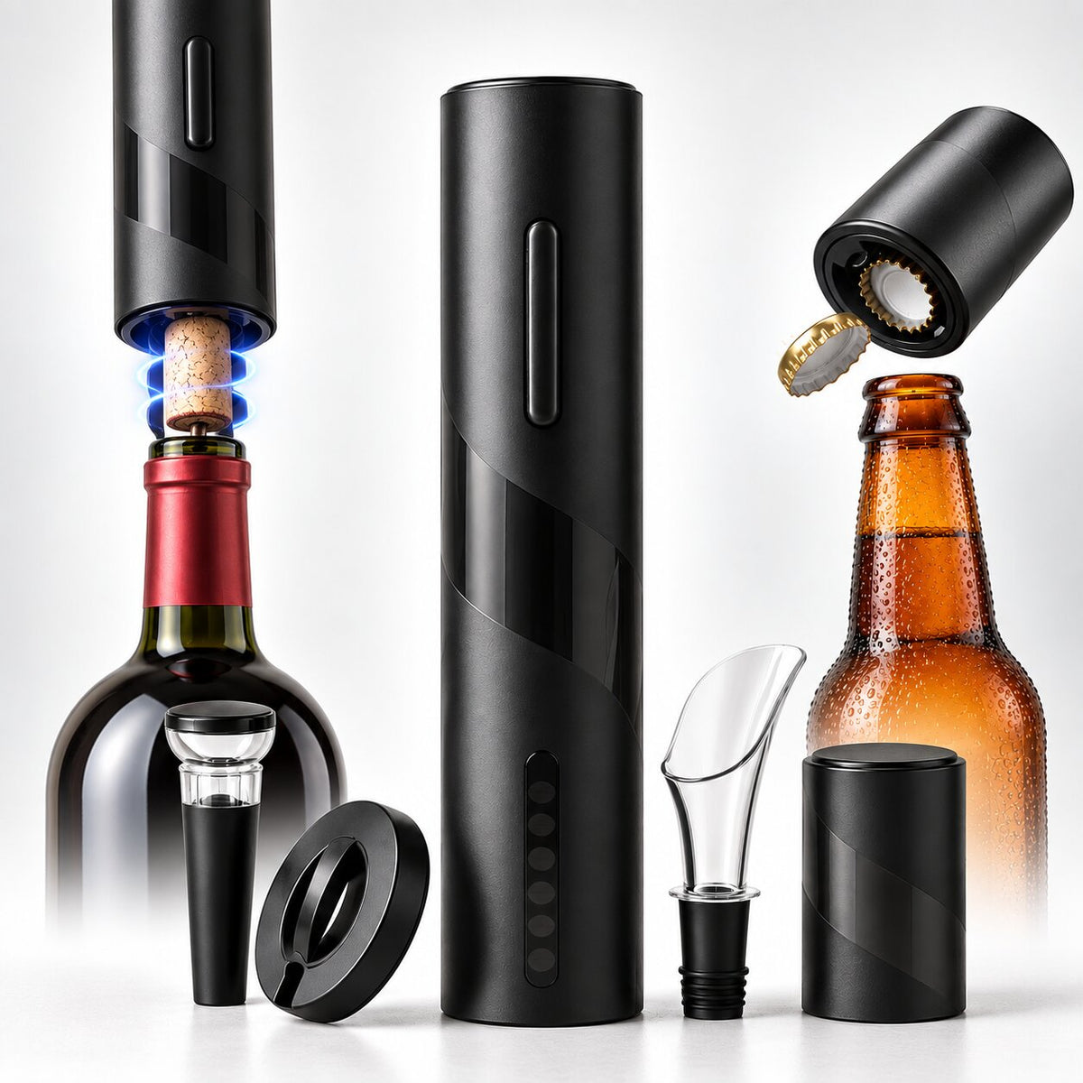 Elektrischer Weinöffner Set mit LED-Beleuchtung | Folienschneider & Bierflaschenöffner | Öffnet bis zu 100 Flaschen 1
