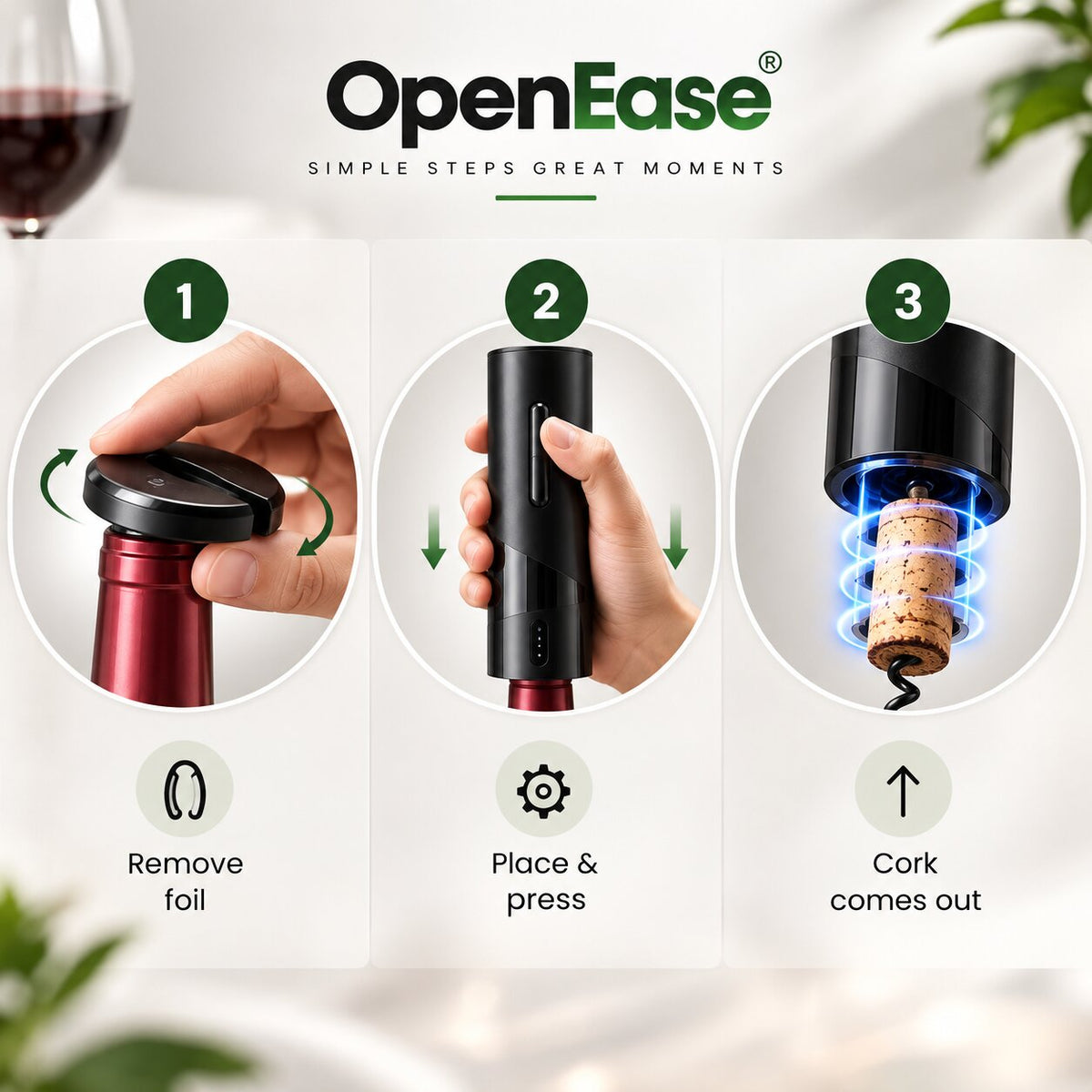 Elektrischer Weinöffner Set mit LED-Beleuchtung | Folienschneider & Bierflaschenöffner | Öffnet bis zu 100 Flaschen 4