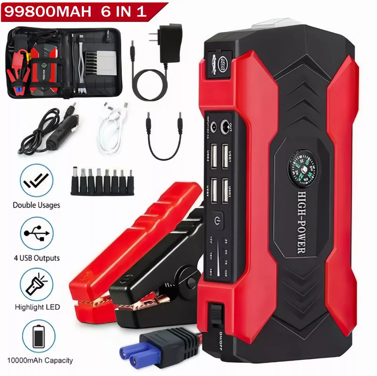 Starthilfegerät Auto 1200A | Powerbank, LED-Taschenlampe & Kompass | 10000mAh Akku mit 9 Schutzfunktionen für 12V-Fahrzeuge 2