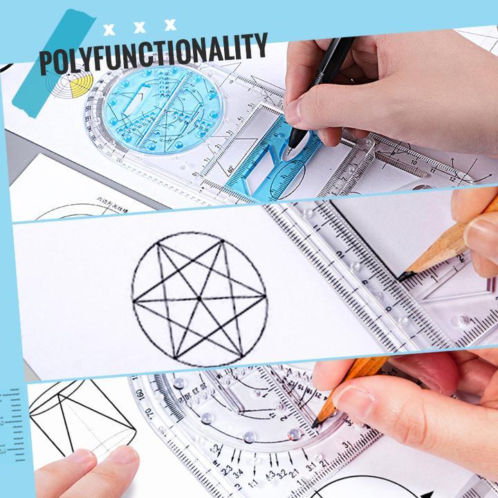 Multifunktions-Zeichenlineal 14-in-1 Kunststoff 20 x 9 cm | Transparent Blau | Präzise Formen, Winkel und Muster zeichnen 4