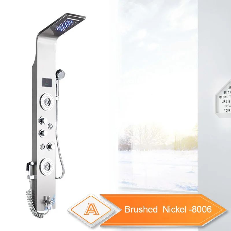 Duschpaneel mit Regendusche, Wasserfall und Massagedüsen | 6 Strahlarten, LCD-Display, LED-Licht | Wandmontage ohne Batterien