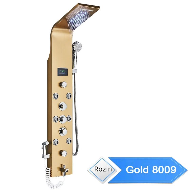 Duschpaneel mit Regendusche, Wasserfall und Massagedüsen | 6 Strahlarten, LCD-Display, LED-Licht | Wandmontage ohne Batterien