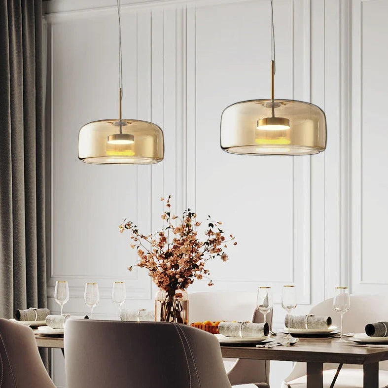 LED-Pendelleuchte aus Glas mit goldenem Finish, Ø23x24 / Ø33x14 cm | Transparent, Hellbraun, Dunkel | 7 W LED, Schalter-Steuerung 1