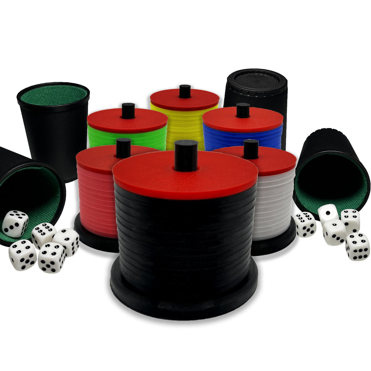Würfel-Stapelspiel Kunststoff | 6 Farben, optional mit 4x Würfelbecher | Ø 65 mm Fuß, platzsparend & transportabel 1