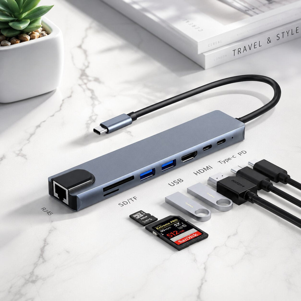 USB C Dockingstation 8 in 1 | HDMI 4K, Ethernet, SD/TF Kartenleser | USB C Power Delivery bis 87 W Ladeleistung 2